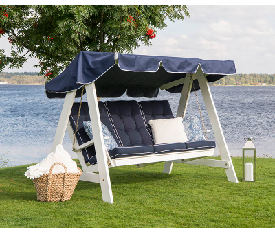 Dalom Hængesofa Fyrretræ m. blåt tag og blå hynder - Hvid