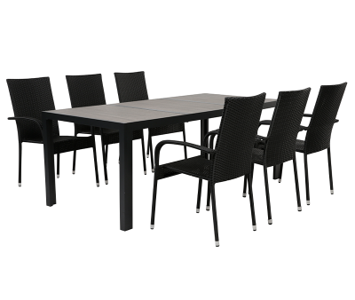 Ceramico Gine Havemøbelsæt m/ 6 stole - 90x195 cm - Grå / Sort