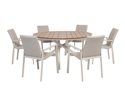Kira Celia Havemøbelsæt Ø152 med 6 stole - Teak look / Gråhvid