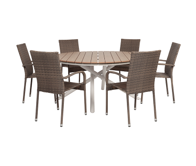 Kira Gine Havemøbelsæt Ø152 med 6 stole - Teaklook / Dusty