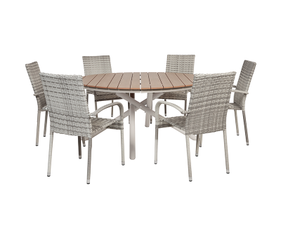 Kira Gine Havemøbelsæt Ø152 med 6 stole - Teaklook / Lys Grå