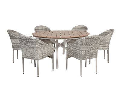 Tina Andrea Havemøbelsæt Ø152 med 6 stole - Teaklook / Lys Grå