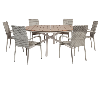 Kira Gine Havemøbelsæt Ø178 med 6 stole - Teaklook / Lys Grå