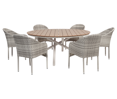 Tina Andrea Havemøbelsæt Ø178 med 6 stole - Teaklook / Lys Grå
