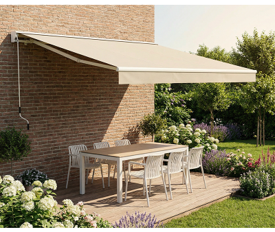 Ask markise – semikassette manuel – 4,8 × 3 meter – Hvid/Beige