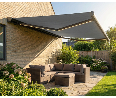 Bøg markise – fuldkassette med motor og LED – 4,8 x 3 meter – Grå