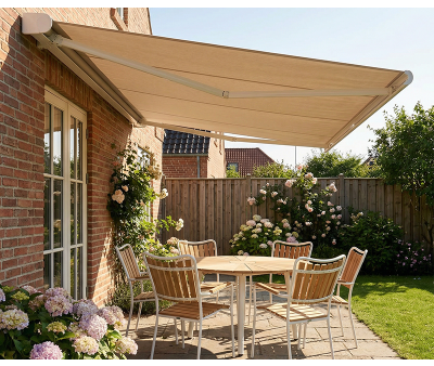 Bøg markise – fuldkassette med motor og LED – 3,5 x 3 meter – Hvid/Beige