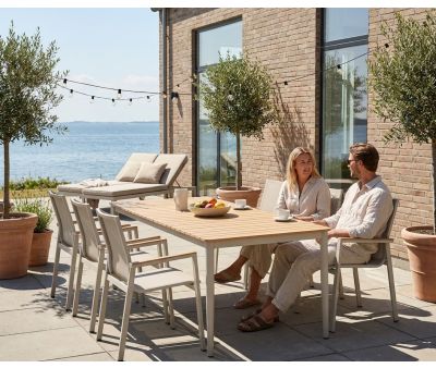 Malmø Havemøbelsæt med 6 stabelstole - 100x200 cm - Gråhvid